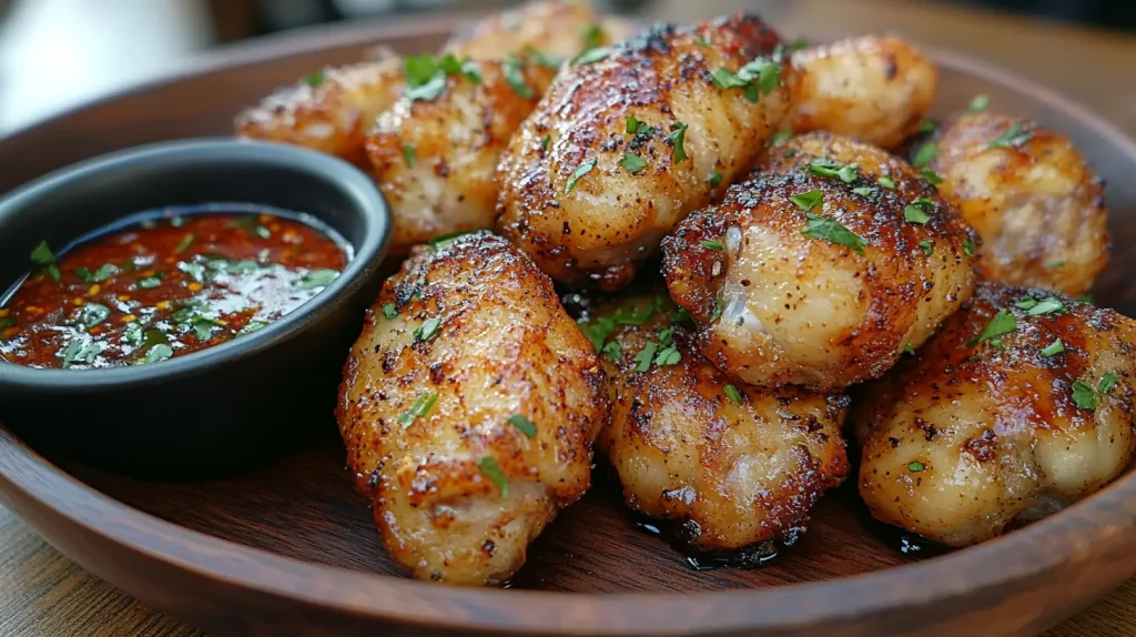 A close-up view of golden, crispy chicken wings arranged on a rustic wooden platter, garnished with fresh herbs and served with a side of vibrant dipping sauce, highlighting the texture of the crunchy skin and a sprinkle of spices, warm and inviting ambiance with soft lighting.
