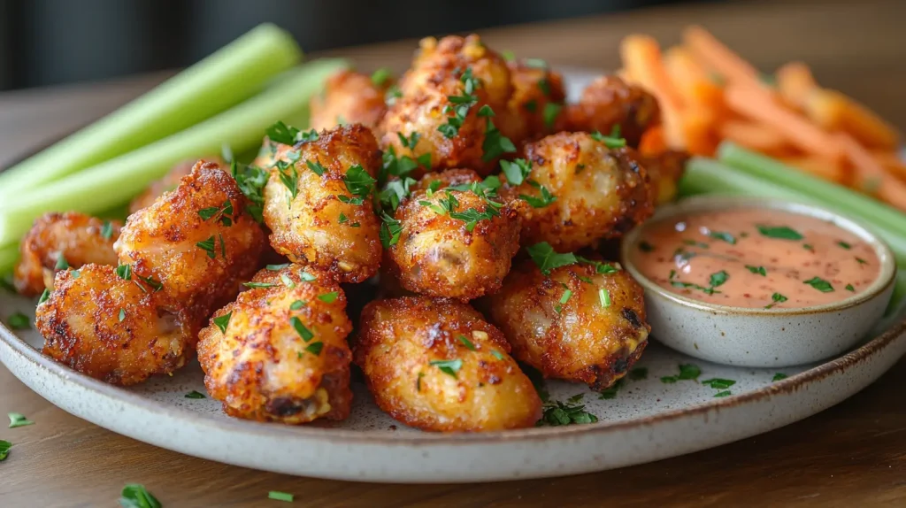 A plate of crispy baked chicken wings glistening with a golden-brown skin, garnished with fresh parsley, served alongside a small bowl of tangy dipping sauce, surrounded by vibrant vegetables like celery and carrot sticks, on a rustic wooden table. Natural lighting highlights the texture and flavor of the wings, creating an inviting and appetizing scene.