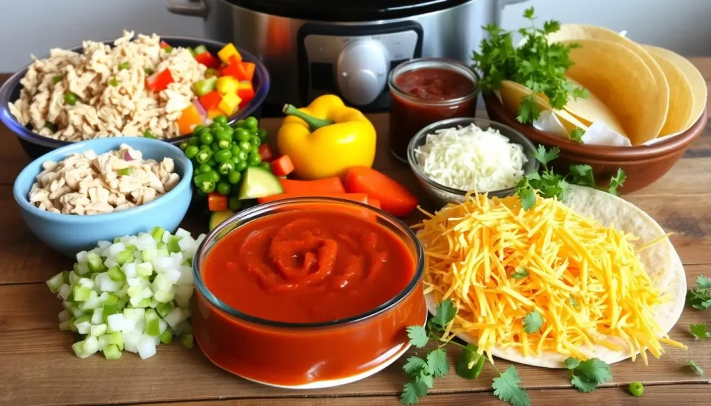A vibrant assortment of ingredients for Crock Pot Chicken Enchiladas: tender shredded chicken, colorful chopped bell peppers, diced onions, zesty green chilies, a rich red enchilada sauce, shredded cheese, warm tortillas, and fresh cilantro. Arrange aesthetically on a rustic wooden table with a subtle kitchen background to evoke a homey cooking atmosphere.