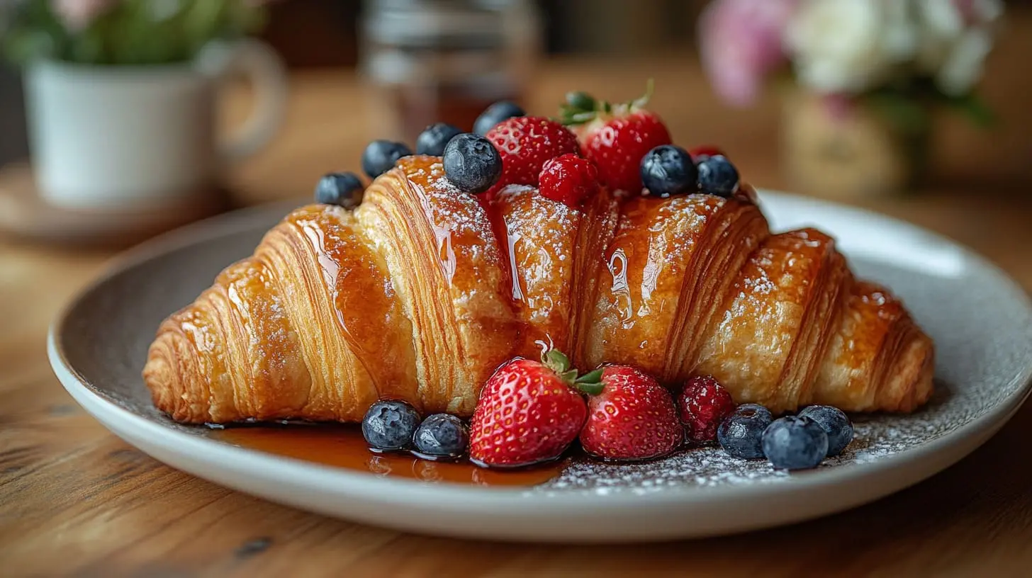 Golden French toast made with croissants, topped with fresh berries and maple syrup, served on a cozy breakfast table.