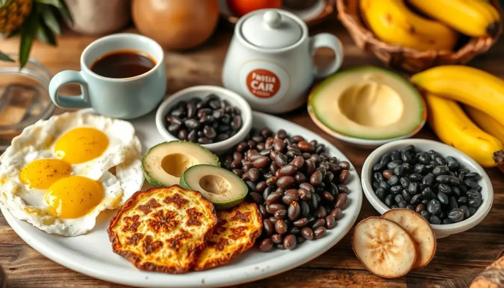 A vibrant Cuban breakfast scene featuring essential ingredients: golden fried eggs, crispy tostones, slices of fresh avocado, rich black beans, sweet plantains, and a cup of strong Cuban coffee, all arranged on a rustic wooden table with tropical fruits in the background.