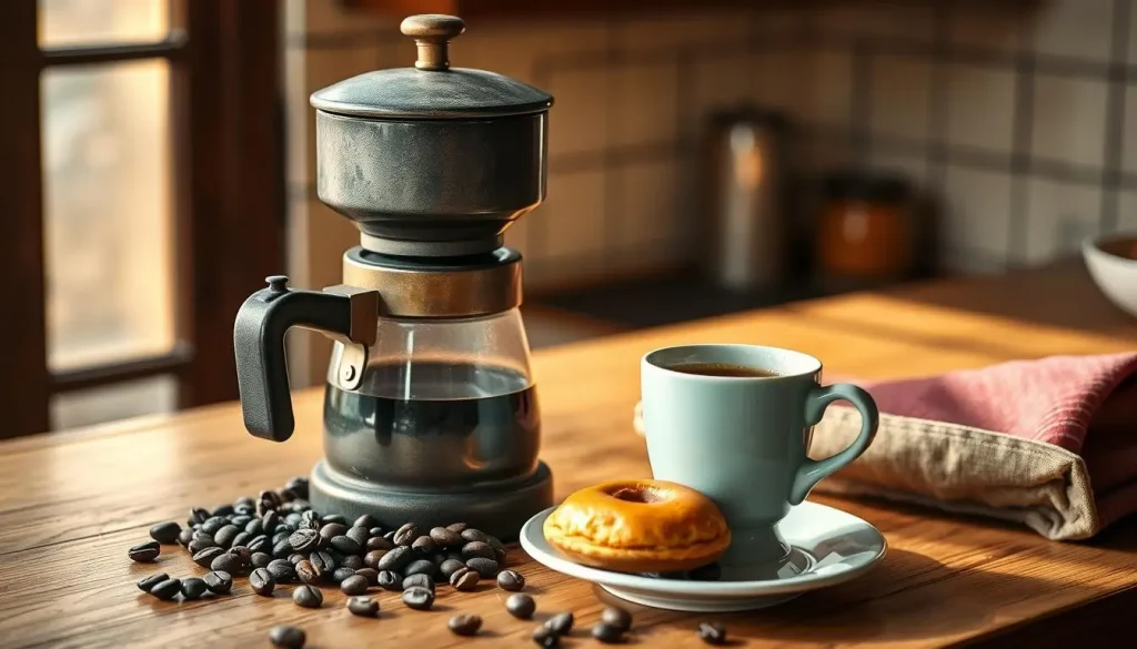 A rustic Cuban coffee maker on a wooden countertop, surrounded by coffee beans, an espresso cup, and a pastelito, with warm morning light illuminating the scene.