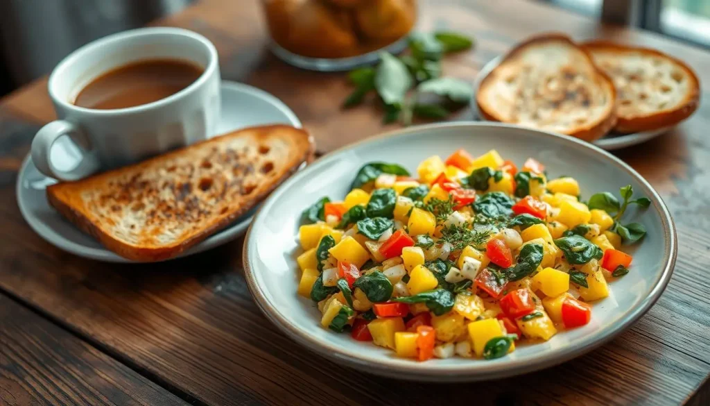 A vibrant breakfast scene featuring a colorful scrambled egg dish cooked with diced bell peppers, onions, and fresh spinach, garnished with herbs, served on a rustic wooden table alongside crispy toast and a steaming cup of coffee, with soft morning light illuminating the delicious spread.