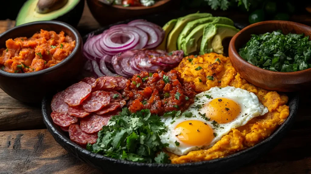 An array of traditional Dominican breakfast ingredients displayed artfully: fluffy mangu (mashed plantains) topped with red onion, crispy fried cheese, sunny-side up eggs, a side of avocado slices, and a vibrant bowl of salami; all set against a rustic wooden table background