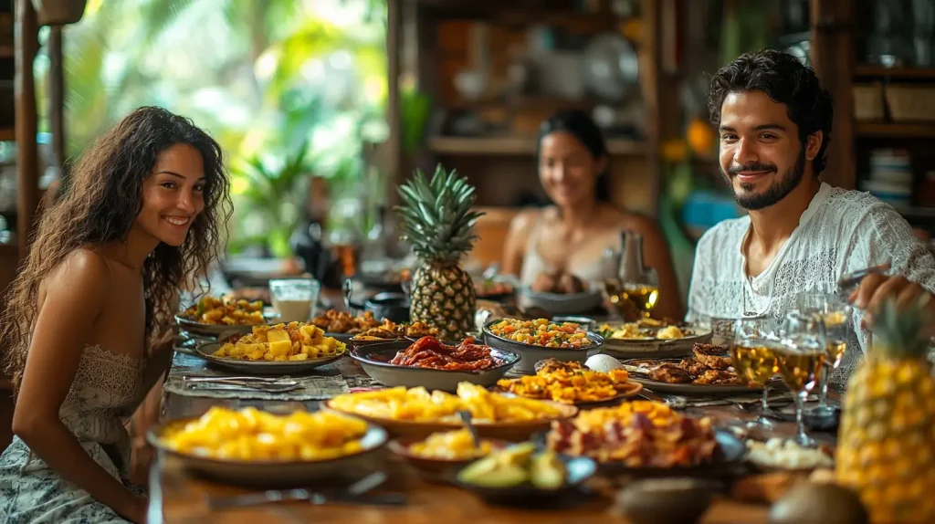 A vibrant Dominican family gathered around a rustic wooden table, sharing a traditional breakfast, colorful plates filled with mangú, eggs, salami, and avocado, tropical fruits like pineapple and papaya on the side, lively kitchen setting with natural light filtering through windows, warm and inviting atmosphere, rich cultural details in the decor reflecting Dominican heritage.