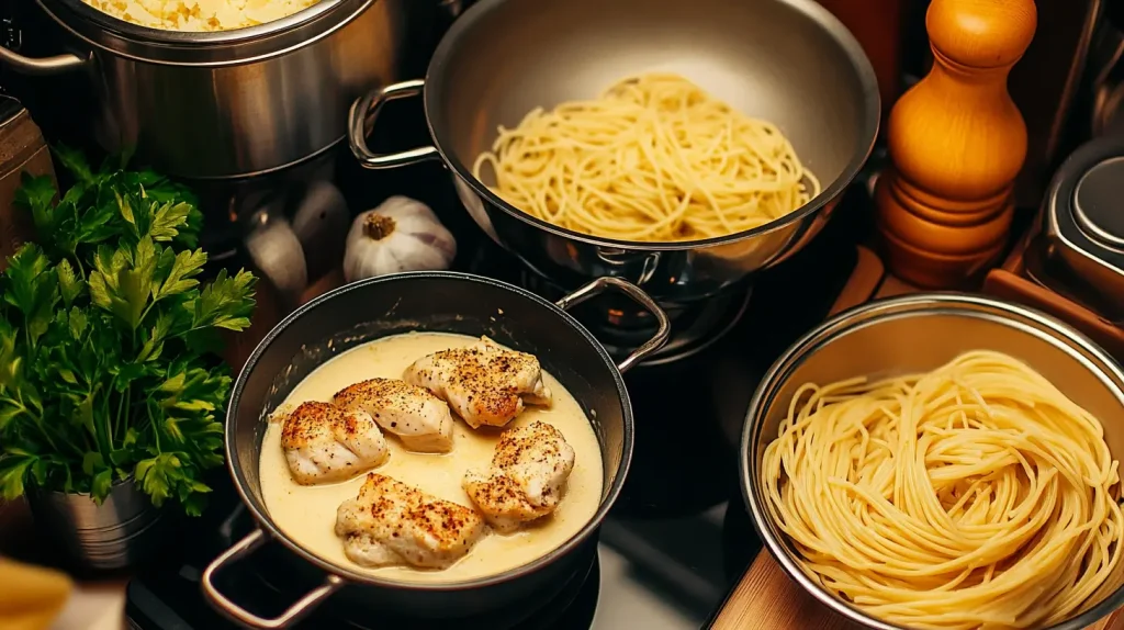 A cozy kitchen scene featuring a pot of boiling pasta, a skillet with seasoned chicken sizzling, and a bowl of creamy Alfredo sauce being prepared, surrounded by fresh ingredients like garlic, parsley, and Parmesan cheese, warm lighting highlighting the textures and colors.