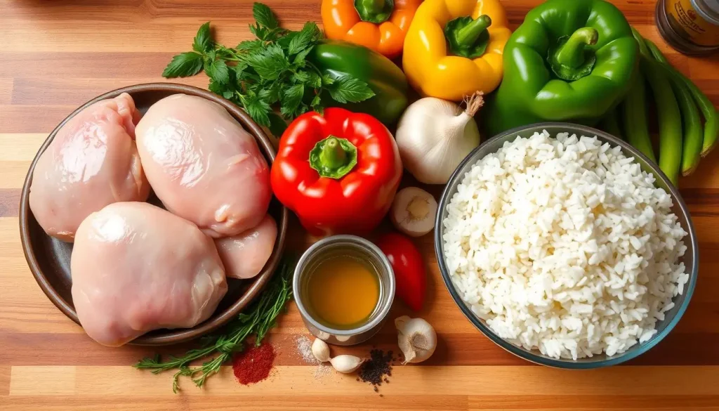 A vibrant kitchen countertop featuring fresh ingredients for an easy chicken and rice dish: succulent raw chicken thighs, fluffy uncooked white rice, colorful bell peppers, golden onions, bright green garlic cloves, a sprinkle of fresh herbs, a small bowl of chicken broth, and a few spices like paprika and black pepper, all arranged artfully with a warm, inviting atmosphere.