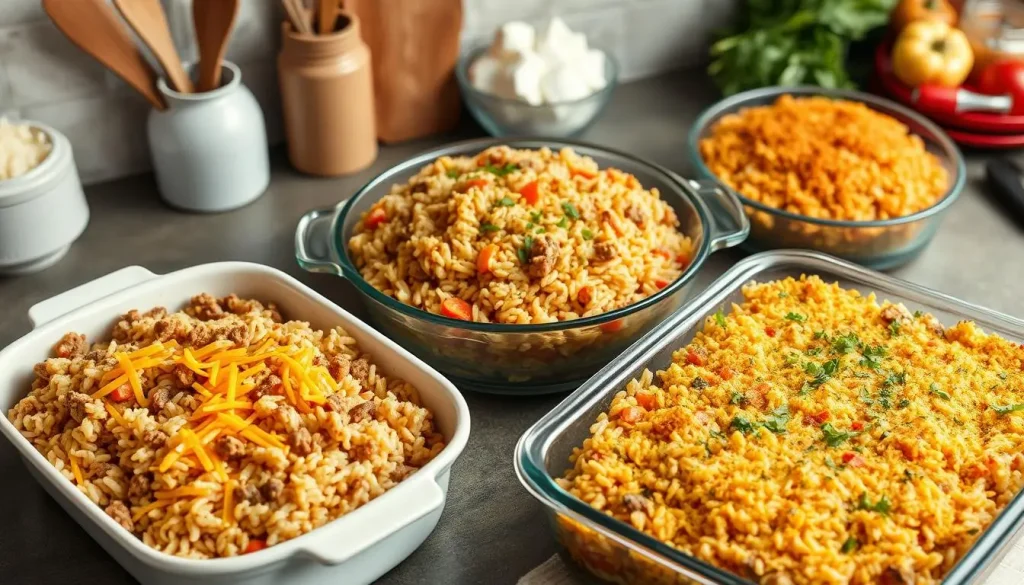 A cozy kitchen scene showcasing three distinct versions of a Hamburger Rice Casserole, each in a separate baking dish. One dish features a quick and simple casserole with pre-cooked rice and ground beef, topped with melted cheese. The second dish illustrates a semi-homemade version with seasoned rice, fresh vegetables, and a crispy golden topping. The third dish displays a fully scratch-made casserole with vibrant ingredients, herbs, and spices, freshly assembled. The background includes cooking utensils, fresh ingredients, and an inviting atmosphere.