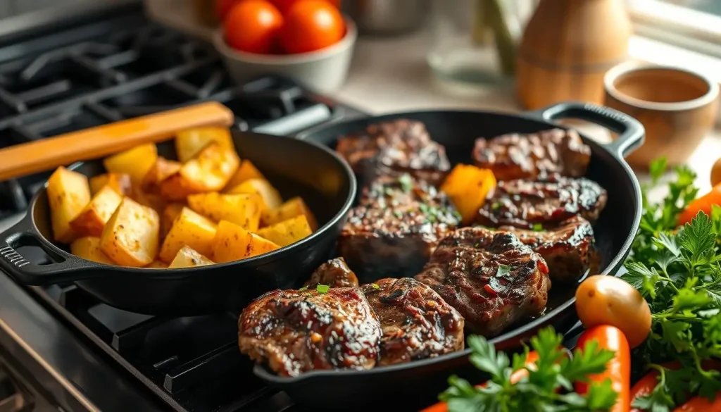 An inviting kitchen scene showcasing a one-pan meal preparation with sizzling steak bites and golden roasted potatoes, vibrant vegetables scattered around, a cast iron skillet on a stove, warm lighting highlighting the fresh ingredients, and a hint of herbs for garnish.