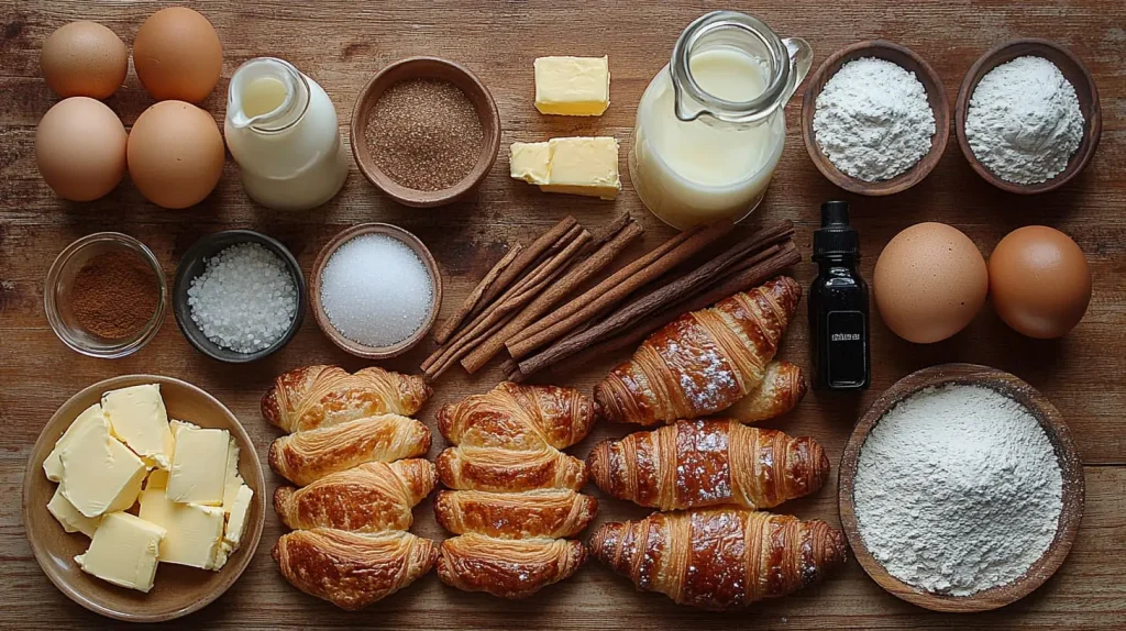 Ingredients for making French toast, including croissants, eggs, milk, cinnamon, and sugar, arranged on a wooden surface.