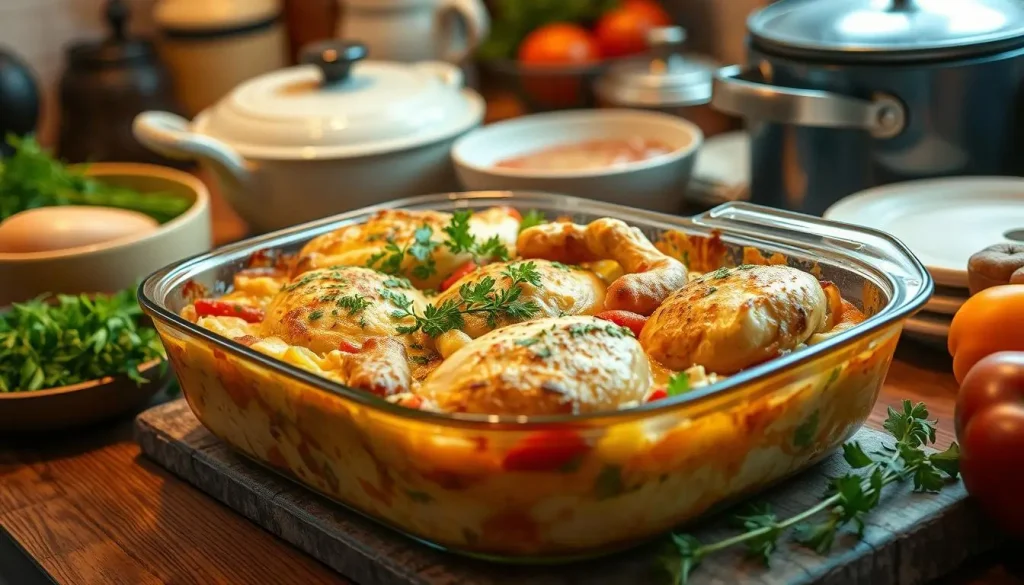 A cozy kitchen scene showcasing a delicious, bubbling chicken casserole dish, overflowing with vegetables and golden brown crust, garnished with fresh herbs, all placed on a rustic wooden table. Soft, warm lighting enhances the inviting atmosphere, with vintage cookware and fresh ingredients in the background.