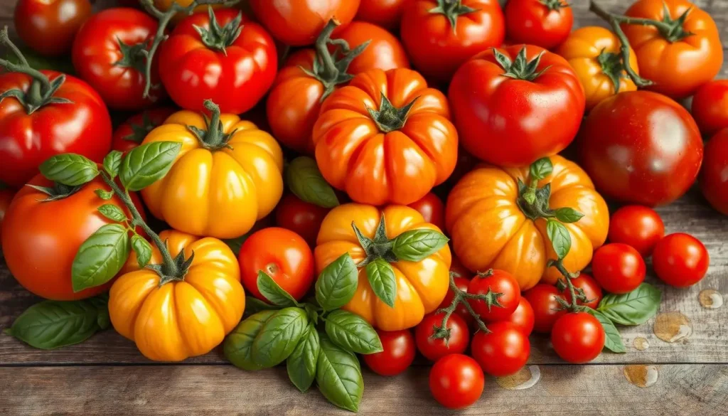 A vibrant selection of fresh tomatoes, showcasing a variety of shapes, sizes, and colors, arranged on a rustic wooden table. Include ripe red tomatoes, yellow heirloom varieties, and plump cherry tomatoes, all glistening with dew. Surround with fresh basil leaves and a drizzle of olive oil, capturing the essence of Italian cuisine in a natural, inviting setting.
