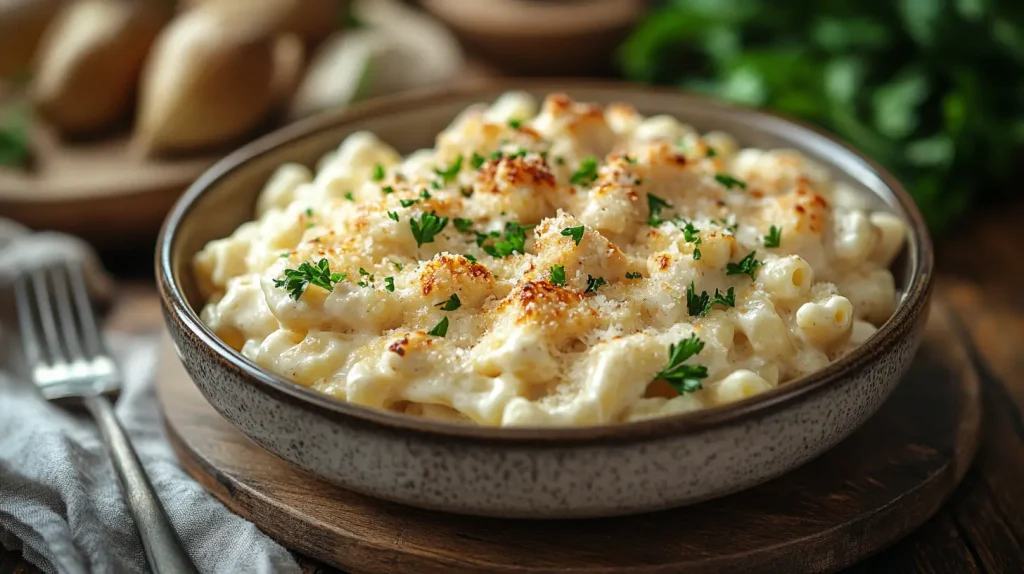 A delicious plate of creamy garlic parmesan chicken pasta, garnished with fresh parsley and grated parmesan cheese, served in an elegant bowl on a rustic wooden table, with a fork resting beside it, soft golden lighting creating a warm and inviting atmosphere.