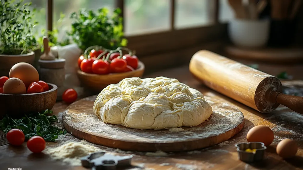 A rustic kitchen scene featuring a wooden countertop with a smooth, hand-rolled gluten-free pasta dough, surrounded by bowls of simple ingredients like almond flour and egg. Natural light filtering through a window, highlighting the texture of the dough. Tools such as a rolling pin and cookie cutters nearby, with fresh herbs and cherry tomatoes adding a touch of color.