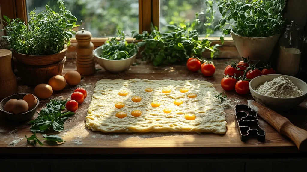A rustic kitchen scene with a wooden countertop, showcasing freshly made gluten-free ravioli, dusted with flour. Nearby, bowls of colorful ingredients like spinach, ricotta cheese, and herbs are arranged artistically. A rolling pin and a pasta machine are included, alongside a cutting board with ravioli shapes. Soft, natural light filters through a window, casting gentle shadows on the vibrant green basil leaves scattered around.
