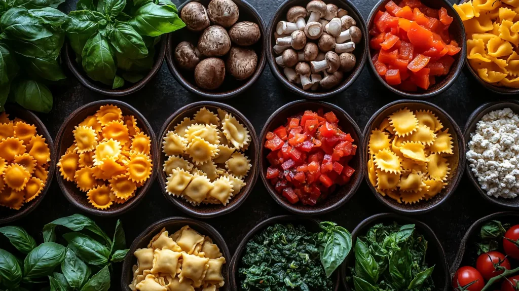 A vibrant assortment of gluten-free ravioli fillings displayed on a rustic wooden table, featuring colorful vegetables like spinach and roasted red peppers, creamy ricotta and herbs, mushrooms sautéed in garlic, and a mix of seasoned ground meat, all beautifully presented with fresh basil leaves and a drizzle of olive oil.