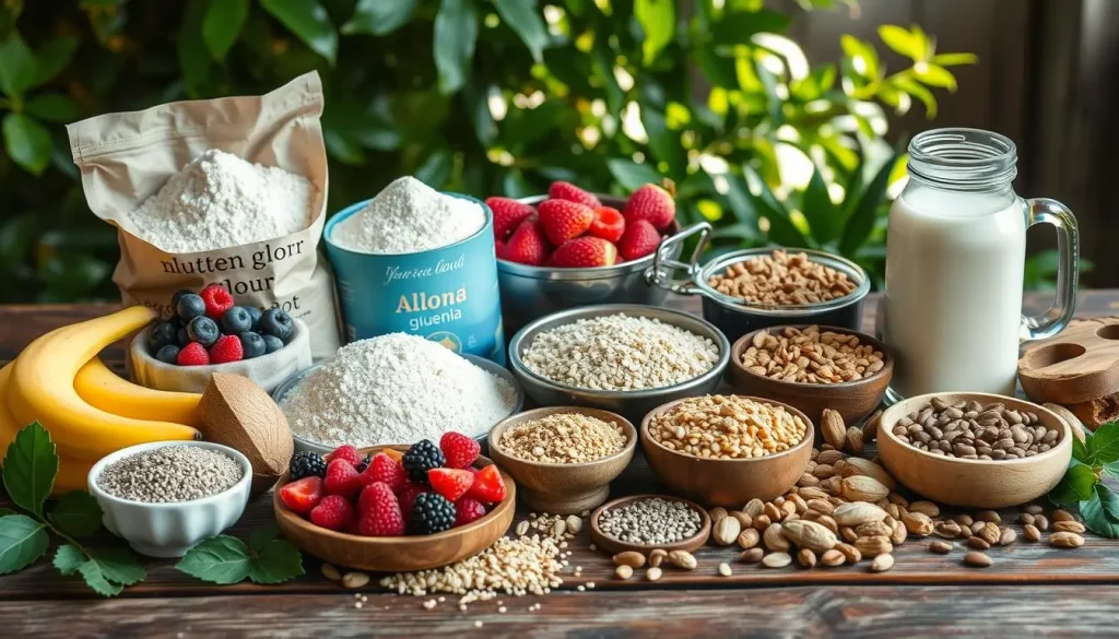 A vibrant assortment of gluten-free and dairy-free ingredients displayed on a rustic wooden table, featuring almond flour, quinoa, fresh fruits like berries and bananas, chia seeds, coconut milk, and a variety of nuts and seeds, surrounded by greenery and soft morning light filtering through.