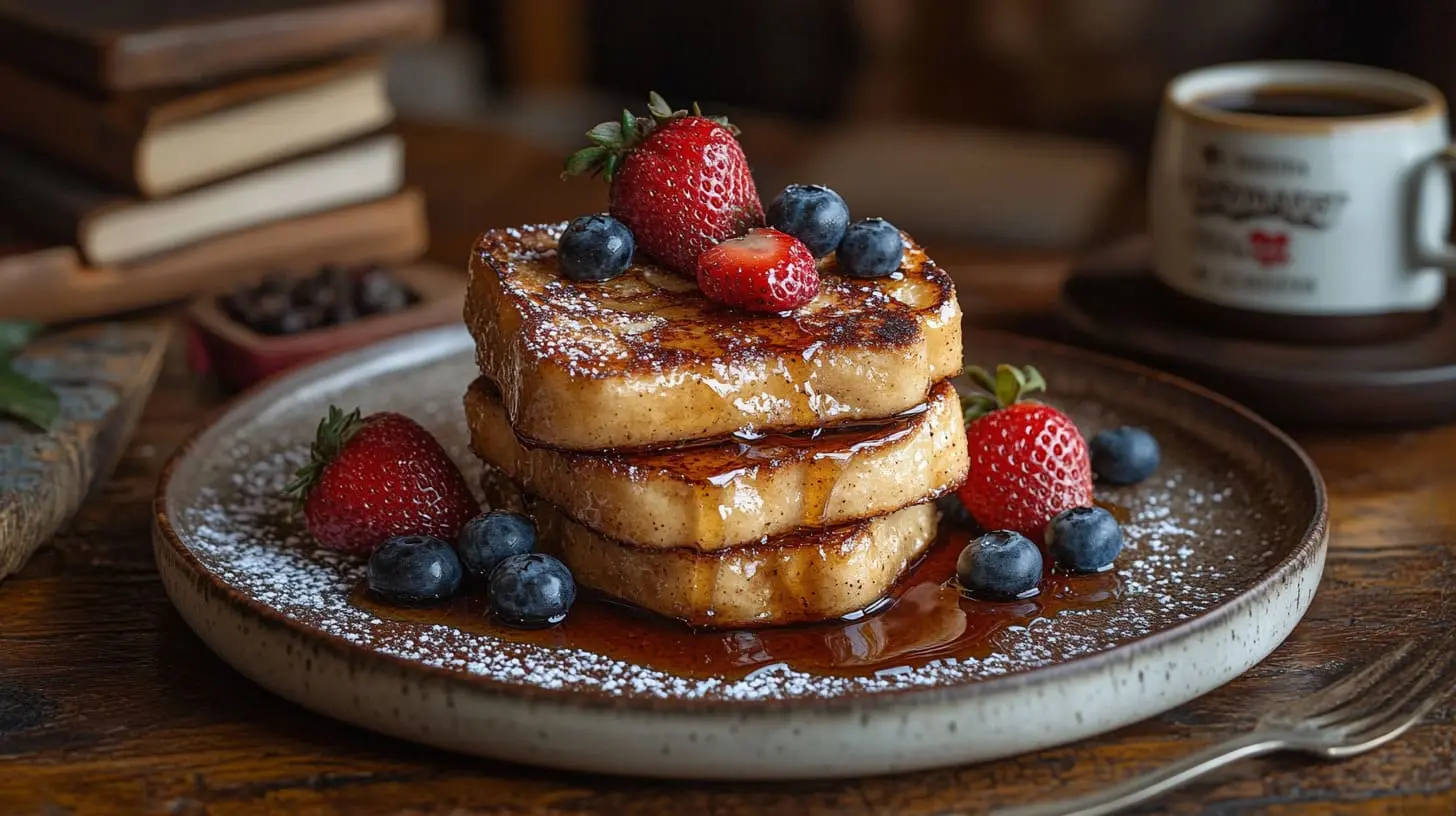A breakfast plate featuring golden slices of French toast, topped with fresh strawberries, blueberries, powdered sugar, and a drizzle of maple syrup. Rustic wooden table setting.