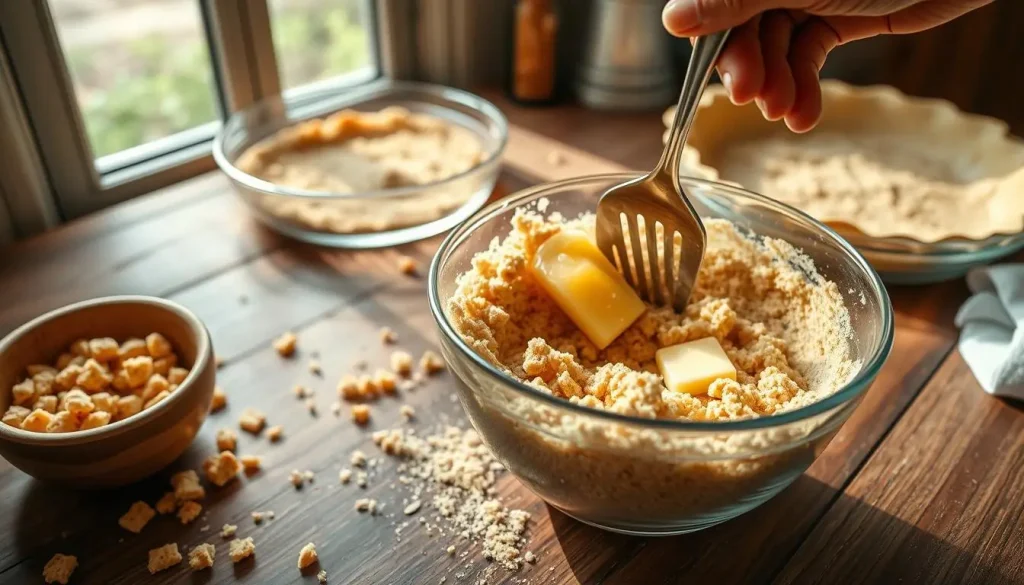 A close-up view of a rustic wooden kitchen countertop with crushed graham crackers in a mixing bowl, melted butter being poured in, a hand holding a fork mixing the ingredients, scattered crumbs around, and a glass pie dish in the background ready to be filled. Natural light pouring in from a nearby window, creating a cozy and inviting atmosphere.