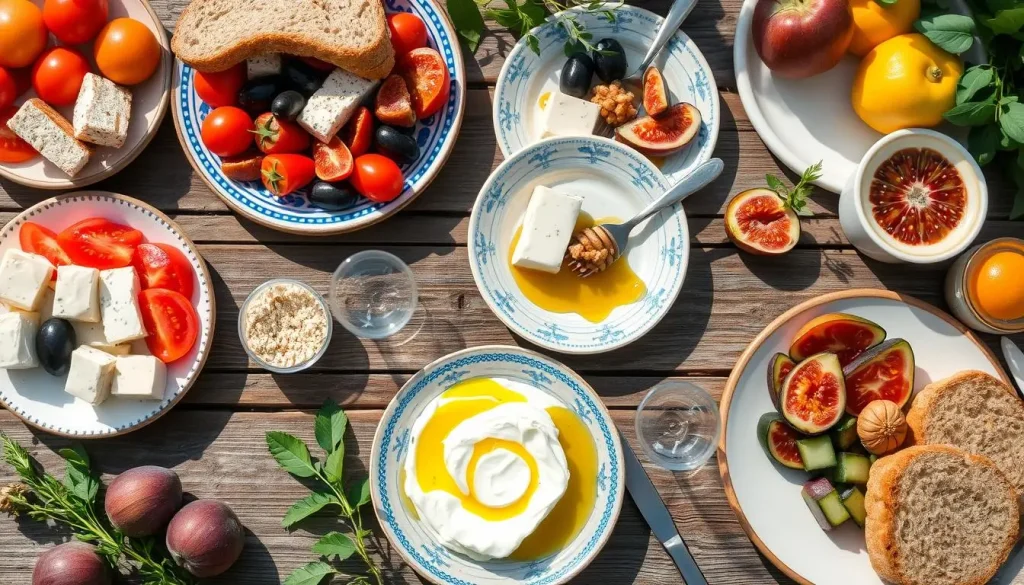 A vibrant Greek breakfast spread featuring a rustic wooden table adorned with colorful plates of feta cheese, olives, fresh tomatoes, cucumber slices, and drizzled olive oil. Include traditional Greek yogurt topped with honey and walnuts, crusty whole grain bread, and a side of fresh fruit like figs and oranges. Surround the scene with natural greenery, Mediterranean herbs, and sun-drenched elements to evoke a warm morning atmosphere.
