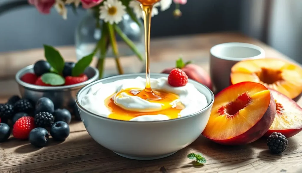 A beautifully arranged breakfast scene featuring a bowl of creamy Greek yogurt topped with golden, drizzled honey, surrounded by fresh fruits like vibrant berries and slices of ripe peaches, served on a rustic wooden table with a delicate flower vase in the background, soft morning light illuminating the textures and colors.