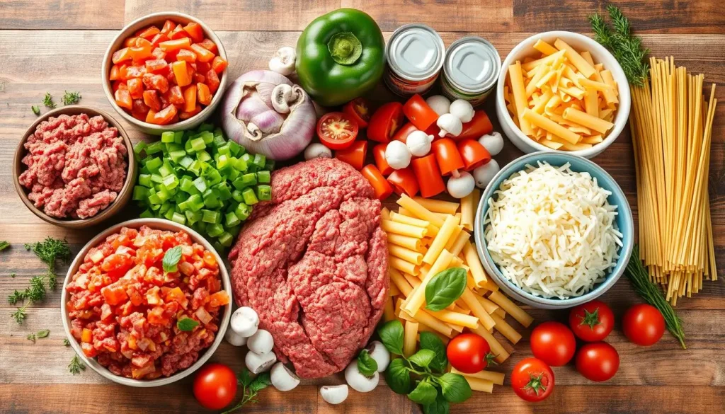 A vibrant arrangement of ingredients for a ground beef casserole, featuring raw ground beef, diced onions, chopped bell peppers, sliced mushrooms, shredded cheese, canned tomatoes, and uncooked pasta, all artfully displayed on a rustic wooden countertop with fresh herbs scattered around.