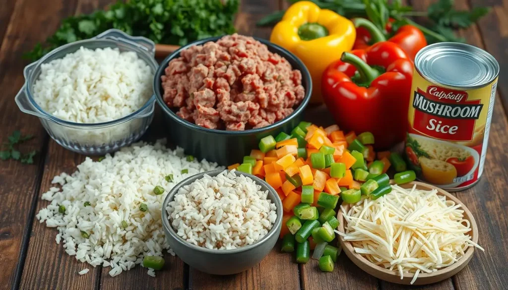 A visually appealing arrangement of ingredients for a hamburger rice casserole, featuring fresh ground beef, fluffy cooked rice, diced onions, vibrant bell peppers, shredded cheese, and a can of creamy mushroom soup, all laid out on a rustic wooden table with a backdrop of fresh herbs and spices.
