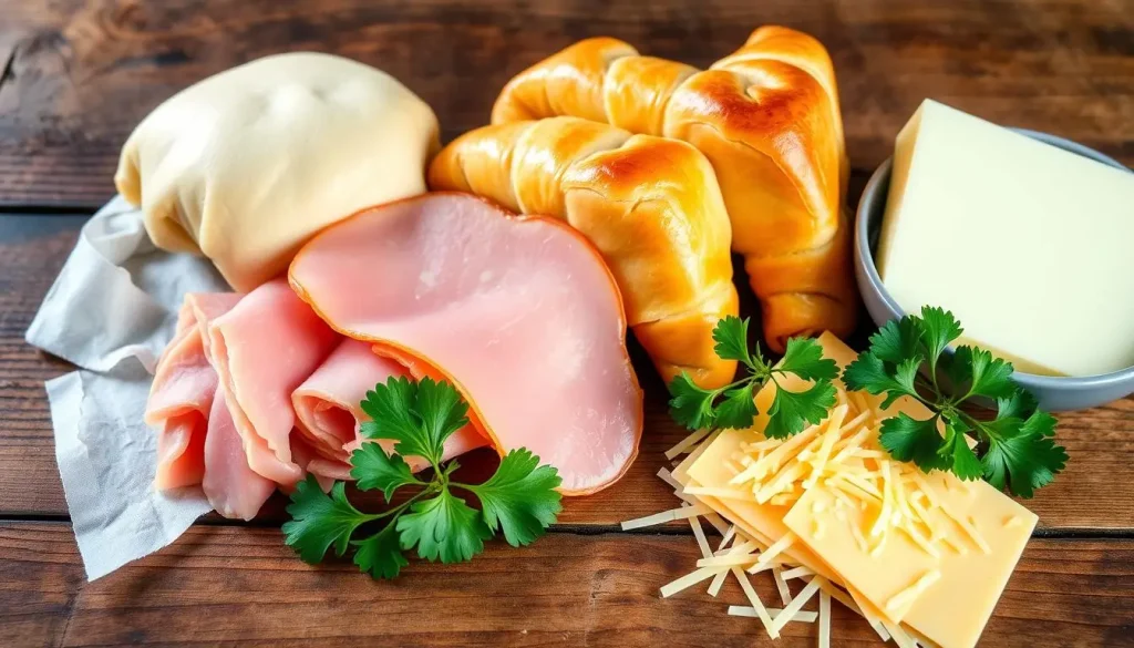 A vibrant arrangement of essential ingredients for making ham and cheese crescent rolls, featuring golden flaky crescent dough, slices of delicious ham, creamy melted cheese, and fresh parsley. The items are displayed on a rustic wooden surface, with soft lighting highlighting their textures and colors.