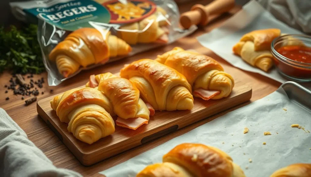 A cozy kitchen scene featuring freshly prepared ham and cheese crescent rolls on a wooden countertop, with flaky golden-brown dough, melted cheese oozing out, and slices of ham peeking through. Include an open package of crescent roll dough, a rolling pin, and a baking sheet lined with parchment paper, all surrounded by ingredients like fresh herbs, pepper, and a small bowl of dipping sauce. Warm, inviting lighting enhances the delicious atmosphere.