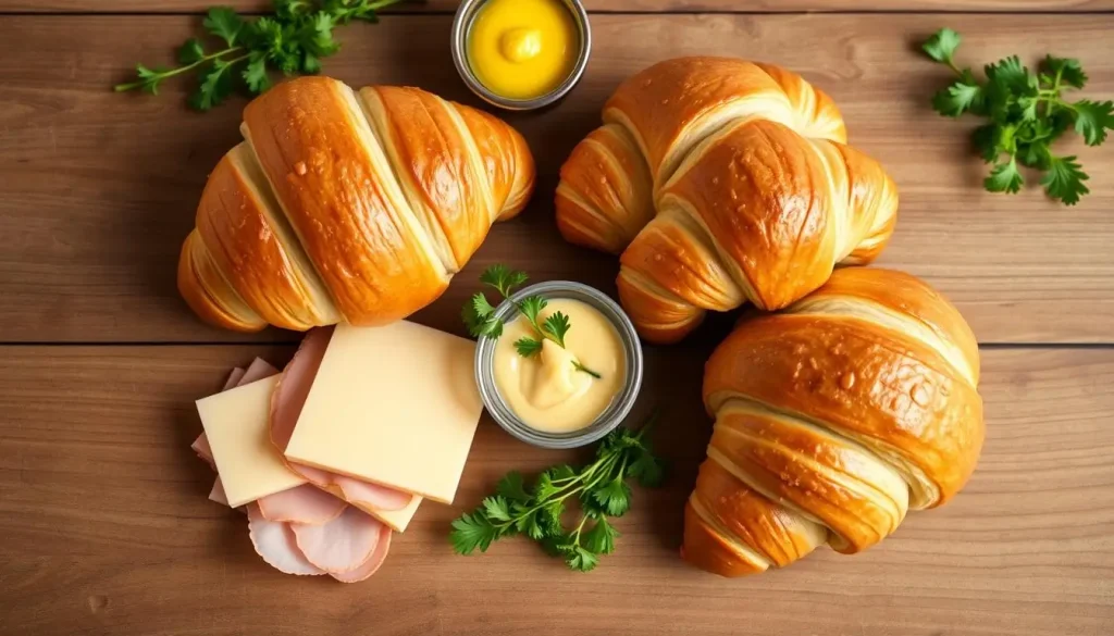 A beautifully arranged flat lay of ingredients for a ham and cheese croissant, featuring freshly baked golden-brown croissants, slices of savory ham, rich creamy cheese, sprigs of fresh parsley, and a small bowl of mustard, all set against a rustic wooden background with soft natural lighting.