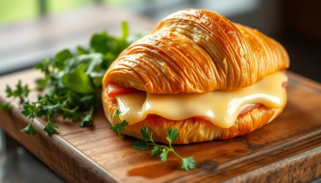 A freshly baked ham and cheese croissant sandwich, flaky and golden brown, with melted cheese oozing from the sides, nestled on a rustic wooden table, surrounded by fresh herbs and a side of crisp salad leaves, natural warm lighting enhancing the inviting texture and richness of the dish.