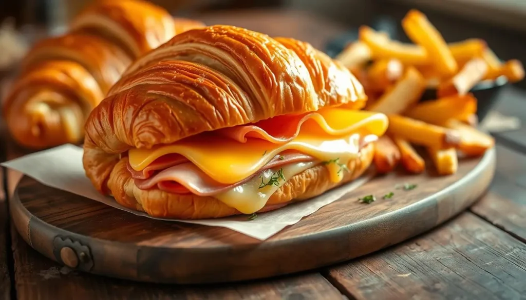 A warm, flaky ham and cheese croissant sandwich, elegantly arranged on a rustic wooden table, with melted cheese oozing out of the layers, fresh herbs scattered around, and a side of golden-brown potato wedges, gentle morning light illuminating the scene.
