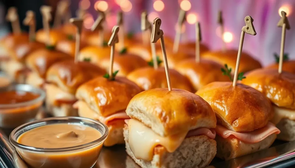 A close-up view of a platter filled with golden-brown ham and cheese sliders, elegantly arranged with melted cheese oozing from the sides, garnished with fresh herbs, small decorative toothpicks, and a side of tangy dipping sauce, set against a vibrant party backdrop with soft lighting.