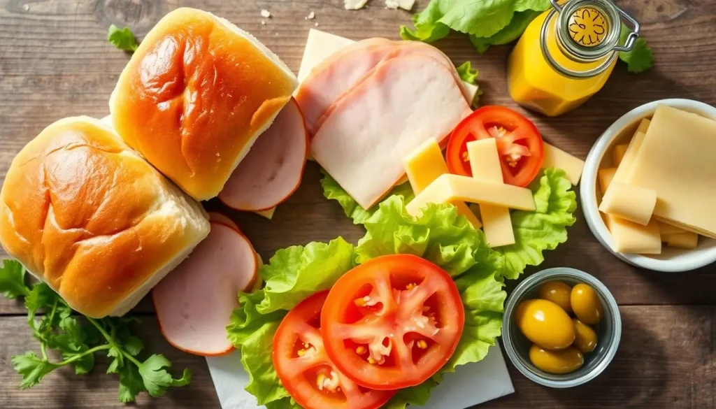 A beautifully arranged flat lay of ham and cheese slider ingredients, featuring soft dinner rolls, slices of honey-glazed ham, melted Swiss cheese, fresh lettuce leaves, ripe tomato slices, a jar of tangy mustard, and a small bowl of pickles, all set on a rustic wooden surface with natural light illuminating the scene.