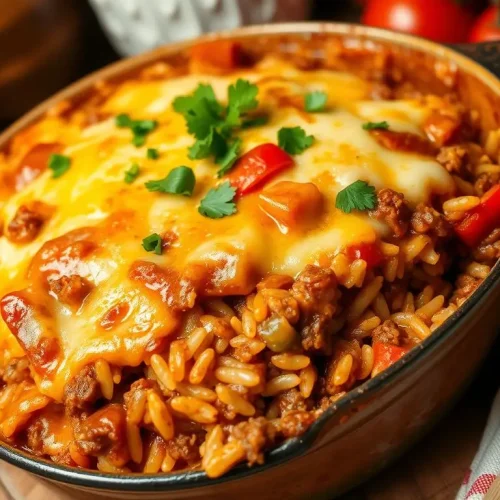 A delicious ground beef rice casserole, hot and bubbling in an oven-safe dish, topped with melted cheese and garnished with fresh parsley. The casserole features layers of seasoned ground beef, fluffy rice, and colorful bell peppers, all in a rich tomato sauce. The setting is a cozy kitchen with warm lighting, and the dish is served next to a wooden spoon and fresh ingredients like tomatoes and herbs.