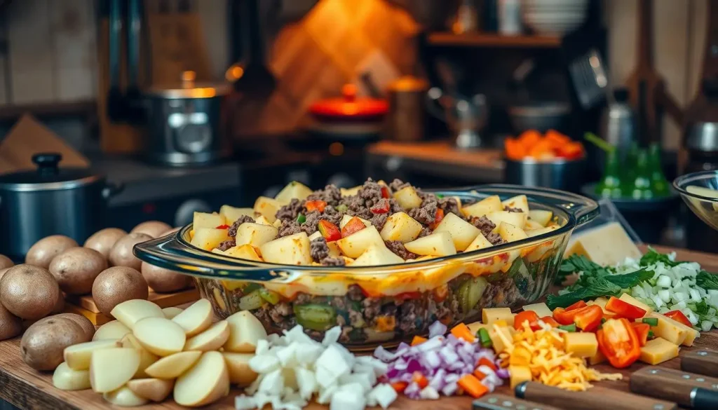 A rustic kitchen setting with a large, bubbling casserole dish filled with layers of potatoes, ground beef, and mixed vegetables. Surrounding the dish are fresh ingredients like uncooked potato slices, chopped onions, bell peppers, and cheese. Warm kitchen lighting highlights the hearty meal as it bakes in the oven. Various cooking utensils and ingredients scattered on a wooden countertop, evoking a cozy and inviting atmosphere.