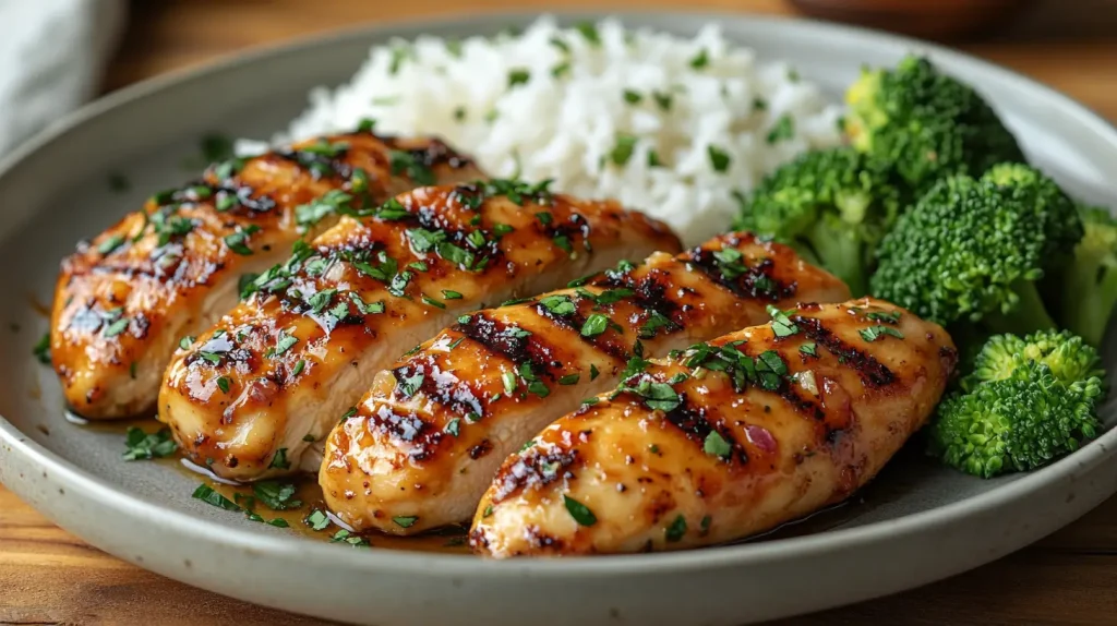 A beautifully plated dish of honey garlic chicken, featuring succulent, glazed chicken breasts drizzled with a golden honey garlic sauce, garnished with fresh chopped parsley, surrounded by vibrant steamed broccoli and fluffy white rice, set on a rustic wooden table with soft natural lighting.