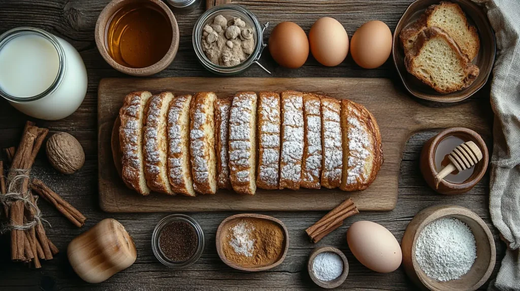 A flat lay of eggs, milk, cinnamon sticks, vanilla extract, and a loaf of crusty sourdough bread on a wooden cutting board.