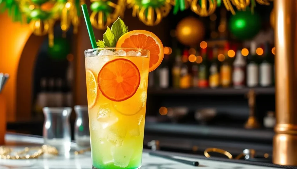 A vibrant Irish Trash Can cocktail garnished with colorful fruit slices like oranges and limes, served in a tall glass filled with ice, surrounded by a lively bar setting with green and gold decorations, and sparkling party lights in the background.