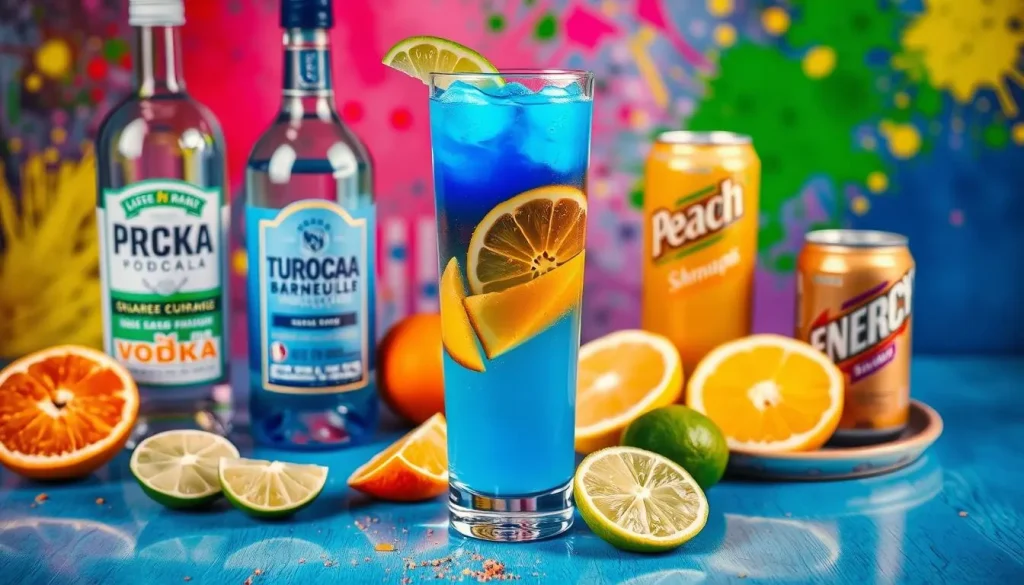 A vibrant tabletop scene featuring the essential ingredients for an Irish Trash Can cocktail, including a tall glass filled with a layered colorful mix of blue curaçao, orange juice, and energy drink, surrounded by slices of fresh citrus fruits like lime, lemon, and orange. Include a bottle of vodka, a can of peach schnapps, and a vibrant backdrop with splashes of color to convey energy and excitement.