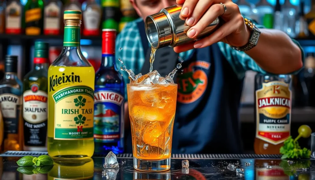 A vibrant and dynamic scene of an Irish Trash Can cocktail being mixed, featuring a colorful array of spirits and mixers, a glass filled with ice, a shaker in action, and splashes of liquid capturing the energy of mixing. The background should suggest a lively bar atmosphere with barware and garnishes, emphasizing freshness and fun.
