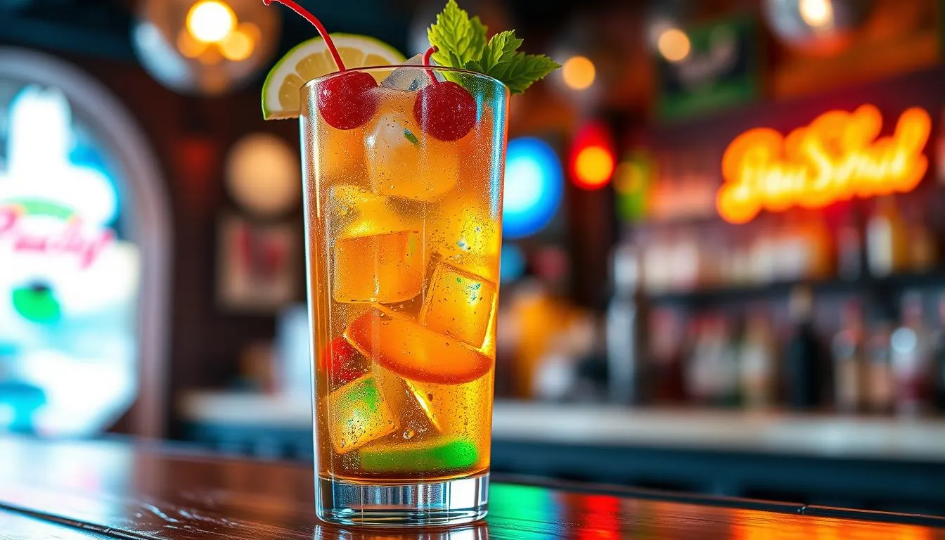 A vibrant Irish Trash Can cocktail in a tall glass, filled with a mix of colorful spirits and sparkling soda, garnished with lime wedges and cherries, set on a wooden bar top. Bright neon colors reflecting in the drink, with ice cubes and condensation on the glass, against a softly blurred lively pub background.