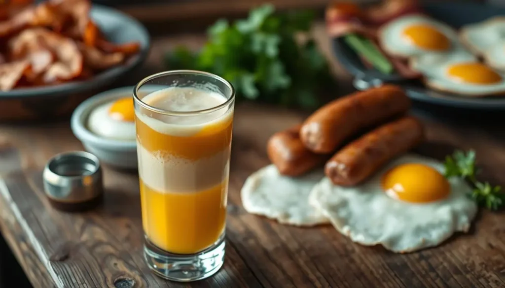 A beautifully arranged Irish breakfast shot featuring a layered glass with Irish whiskey, a splash of orange juice, and a creamy whiskey crème liqueur on top, set against a rustic wooden table, surrounded by traditional Irish breakfast elements like crispy bacon, sausage, and eggs in the background, soft natural lighting illuminating the scene.