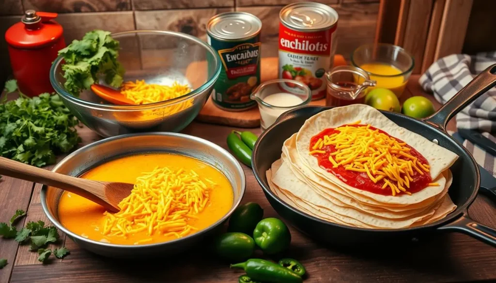 A vibrant kitchen scene featuring essential tools for preparing cheesy chicken enchiladas, including a large mixing bowl, a wooden spoon, a skillet with melted cheese, tortillas stacked neatly, a can of enchilada sauce, measuring cups, and a spatula, all set on a rustic wooden countertop surrounded by fresh ingredients like cilantro, jalapeños, and limes, with warm ambient lighting.