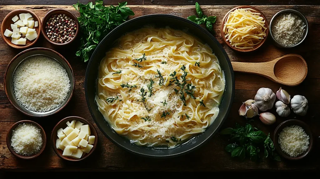 A collection of essential kitchen tools for cooking pasta, including a large pot with boiling water, a colander for draining, a wooden spoon, a pasta fork, measuring cups, and a cutting board with garlic and parmesan cheese, arranged aesthetically on a rustic kitchen countertop.