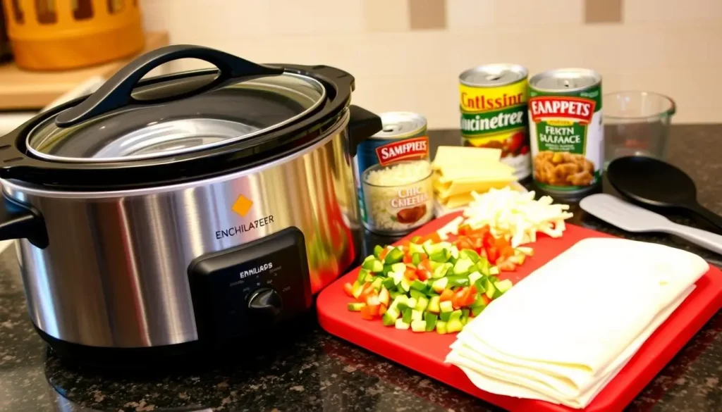 A vibrant kitchen countertop scene featuring essential tools for making slow cooker enchiladas; a sleek slow cooker, colorful chopping board with diced vegetables, a can of enchilada sauce, shredded cheese, and tortillas arranged neatly, alongside measuring cups and a spatula, all set against a warm, inviting kitchen background.