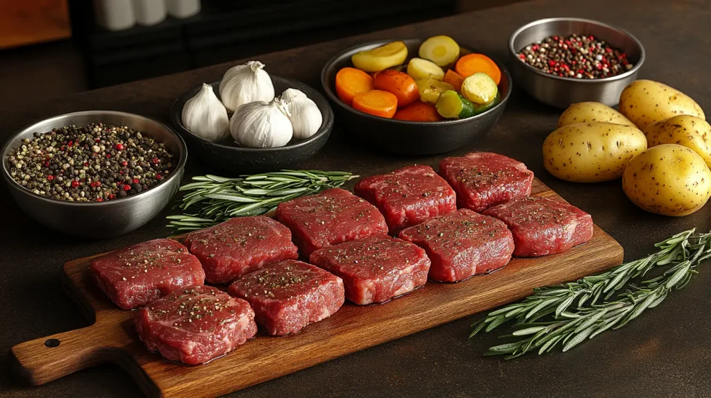 A beautifully arranged kitchen countertop featuring essential tools for preparing steak bites. Include a high-quality chef's knife, a cutting board with fresh vegetables and herbs, a stainless steel mixing bowl, a meat tenderizer, and a skillet with a wooden handle. Surround the tools with vibrant ingredients like garlic, rosemary, and colorful potatoes, all set against a warm, inviting kitchen backdrop.