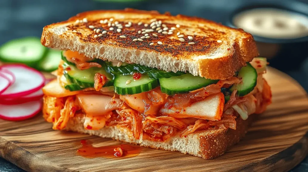 A vibrant Korean-inspired sandwich featuring layers of marinated tuna, spicy kimchi, fresh cucumber slices, and creamy mayonnaise, all nestled between toasted bread. The sandwich is garnished with sesame seeds and served on a rustic wooden board, with colorful side dishes like pickled radishes and a small bowl of dipping sauce in the background. Bright and appetizing colors, emphasizing the fusion of flavors and textures.