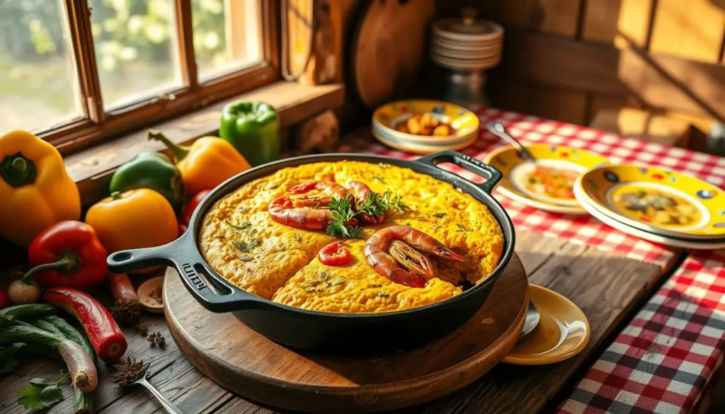 A rustic kitchen scene featuring a cast iron skillet filled with golden crawfish cornbread, garnished with fresh herbs, surrounded by traditional Cajun ingredients like bell peppers, onions, and spices. Sunlight streaming through a window casts a warm glow on the worn wooden table adorned with colorful plates and a vibrant checkered tablecloth, evoking the essence of Louisiana's culinary heritage.