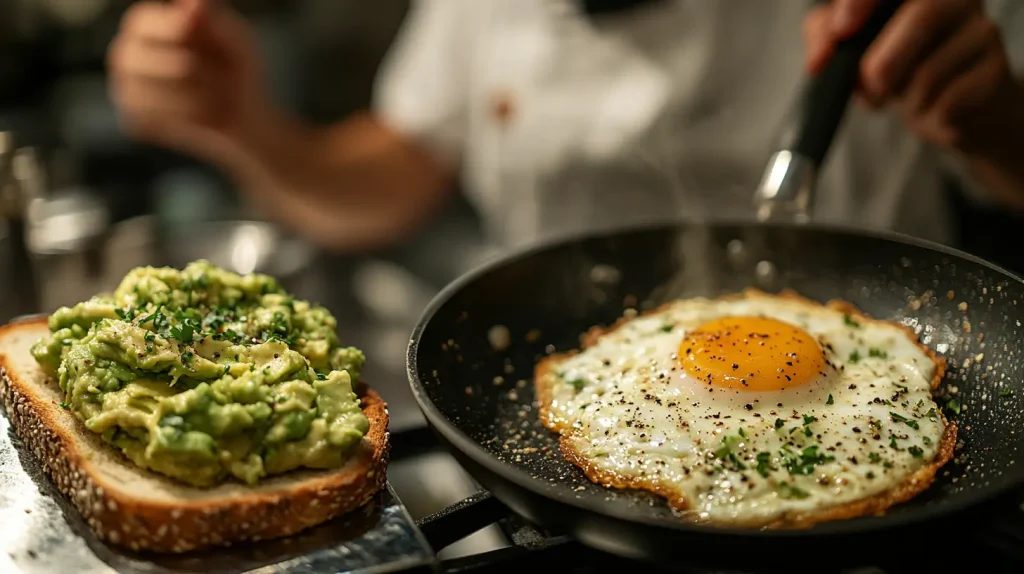 Step-by-step process of making avocado toast with egg.